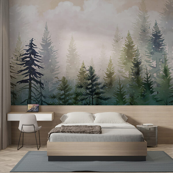 Pittura di alberi nella nebbia Carta da parati Pittura di alberi nella nebbia