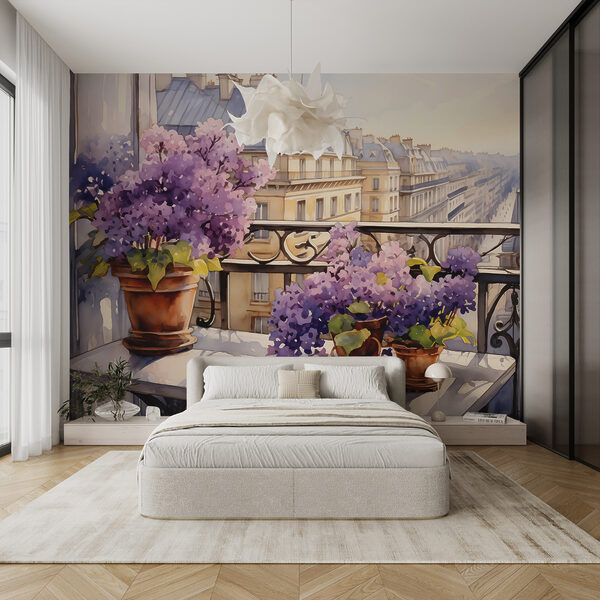 Pittura di un balcone con fiori viola Carta da parati Pittura di un balcone con fiori viola