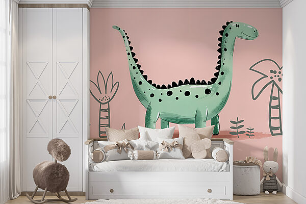 Carta da parati murale Dinosauro a fumetti con piante e foglie