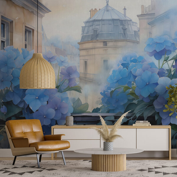 Pittura di fiori blu su un balcone Carta da parati Pittura di fiori blu su un balcone