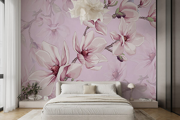 Magnolie in fiore su sfondo rosa Carta da parati Magnolie in fiore su sfondo rosa