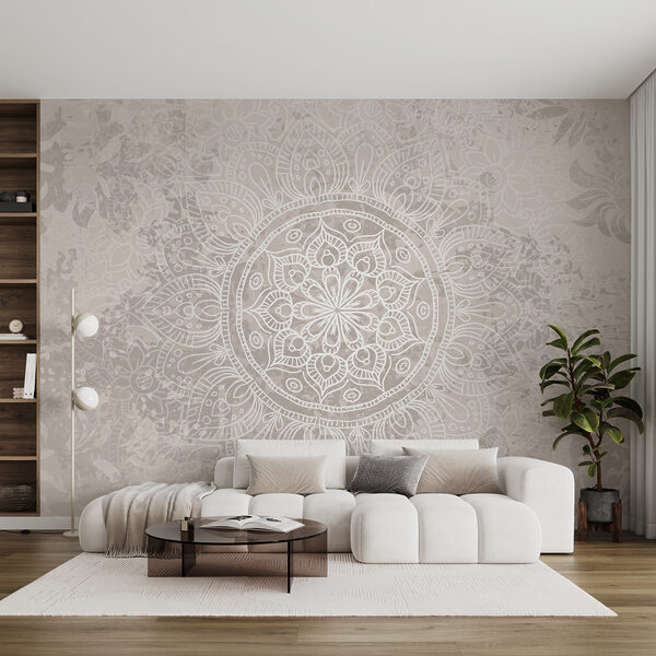 Carta da parati murale Mandala bianco e grigio