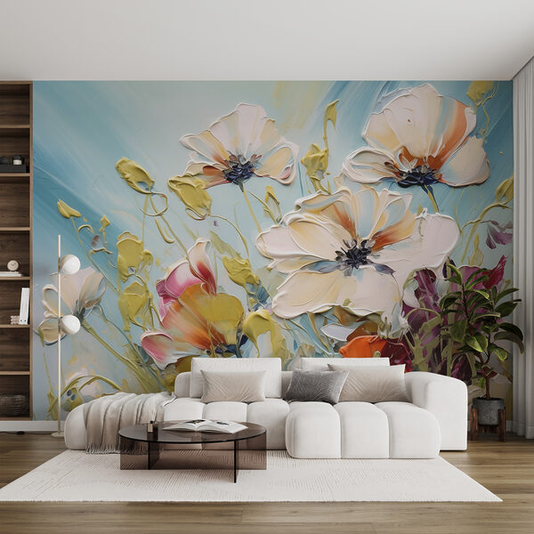 Pittura di fiori su sfondo blu Carta da parati Pittura di fiori su sfondo blu