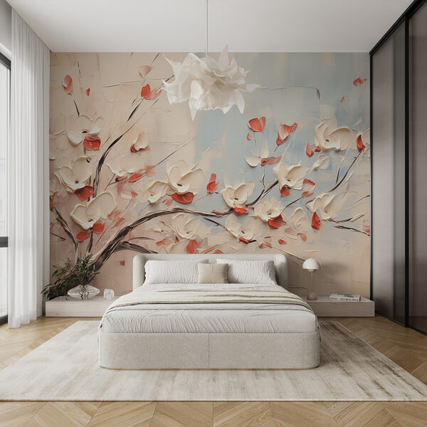 Pittura di un albero con fiori bianchi Carta da parati Pittura di un albero con fiori bianchi