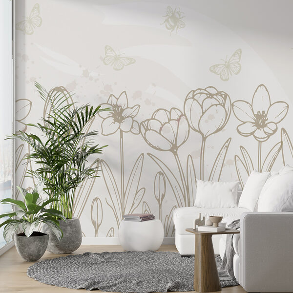 Disegno al tratto di fiori e farfalle Carta da parati Disegno al tratto di fiori e farfalle