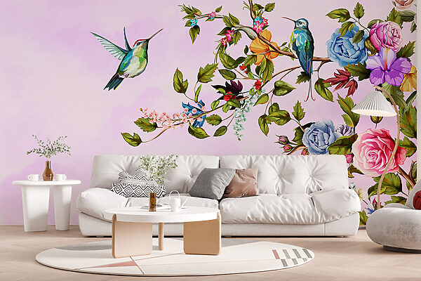 Pittura di uccelli su un ramo con fiori Carta da parati Pittura di uccelli su un ramo con fiori
