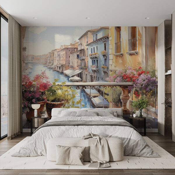 Acquerello di un fiume con una fila di edifici e fiori su un balcone Carta da parati Acquerello di un fiume con una fila di edifici e fiori su un balcone