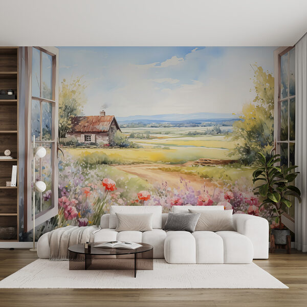 Pittura di una casa e fiori Carta da parati Pittura di una casa e fiori