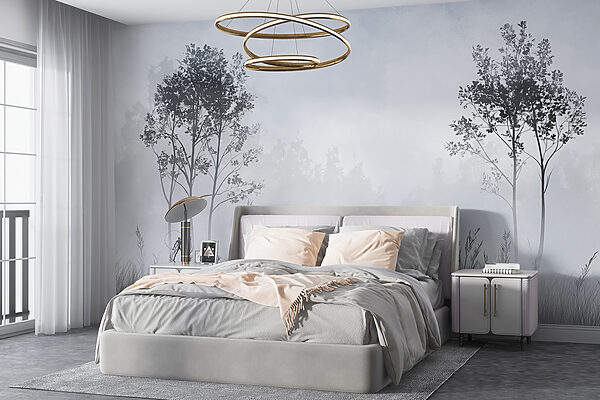 Carta da parati Paesaggio nebbioso con alberi ed erba