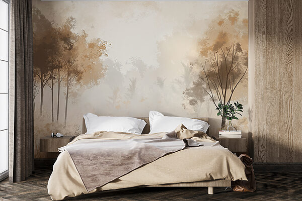 Carta da parati Foresta nebbiosa con alberi ed erba