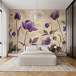Carta da parati Fiori viola su sfondo beige