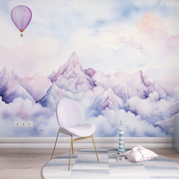 Pittura di una catena montuosa con un palloncino nel cielo Carta da parati Pittura di una catena montuosa con un palloncino nel cielo