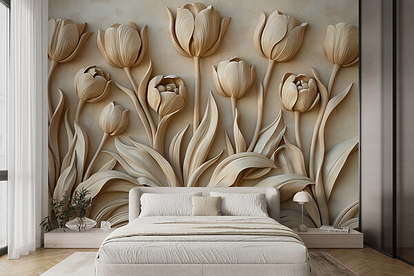 Carta da parati murale Eleganti sculture di tulipani beige in fiore