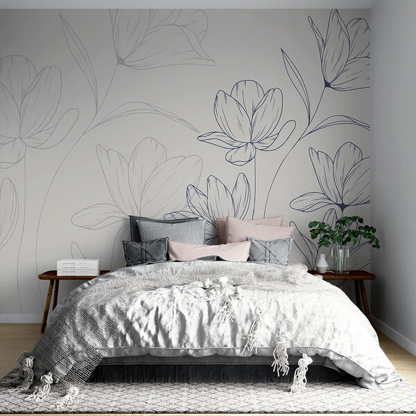 Carta da parati murale Disegno di fiori su sfondo bianco