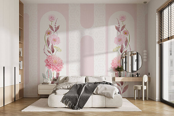 Fiori e foglie rosa su sfondo bianco Carta da parati Fiori e foglie rosa su sfondo bianco