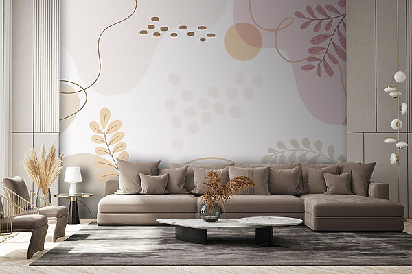 Sfondo bianco con foglie e cerchi rosa e arancioni Carta da parati Sfondo bianco con foglie e cerchi rosa e arancioni