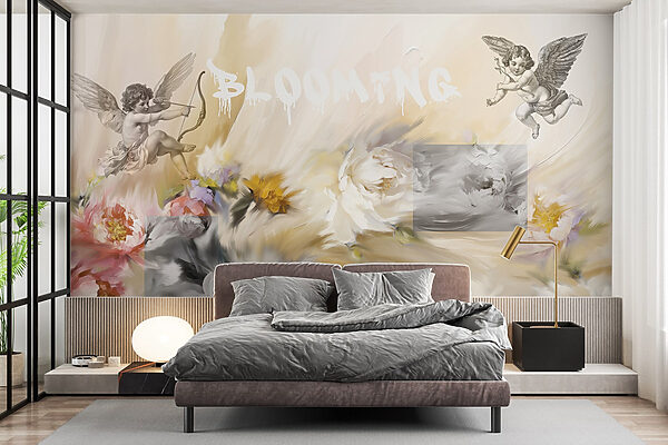 Pittura di angeli con arco e frecce che sparano fiori Carta da parati Pittura di angeli con arco e frecce che sparano fiori