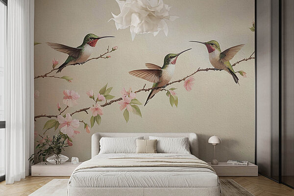 Pittura di colibrì su un ramo con fiori Carta da parati Pittura di colibrì su un ramo con fiori