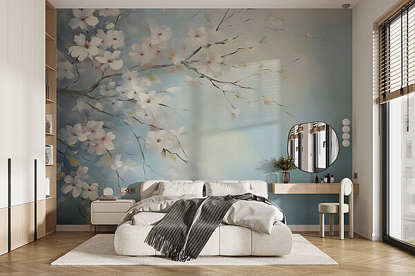 Pittura di un ramo d'albero con fiori bianchi Carta da parati Pittura di un ramo d'albero con fiori bianchi