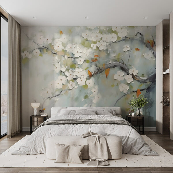 Pittura di un ramo d'albero con fiori bianchi Carta da parati Pittura di un ramo d'albero con fiori bianchi