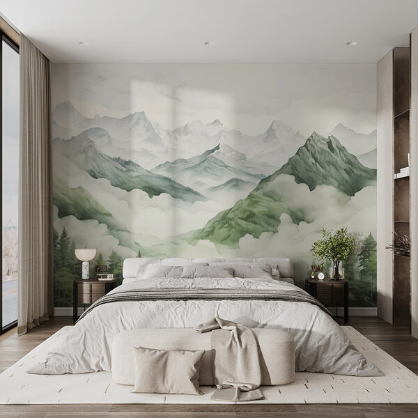 Pittura di montagne e alberi Carta da parati Pittura di montagne e alberi