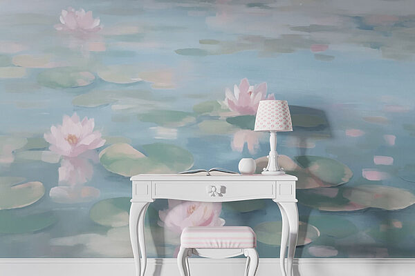 Acqua con ninfee e fiori rosa Carta da parati Acqua con ninfee e fiori rosa