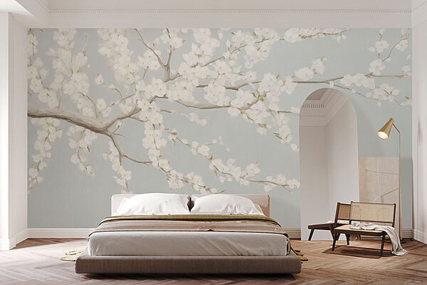 Pittura di un albero con fiori bianchi Carta da parati murale Pittura di un albero con fiori bianchi
