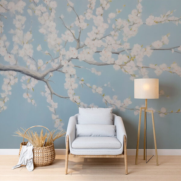 Pittura di un albero con fiori bianchi Carta da parati Pittura di un albero con fiori bianchi