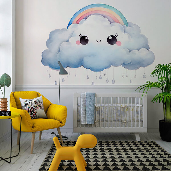 Cartone animato di una nuvola con arcobaleno e gocce di pioggia Carta da parati Cartone animato di una nuvola con arcobaleno e gocce di pioggia
