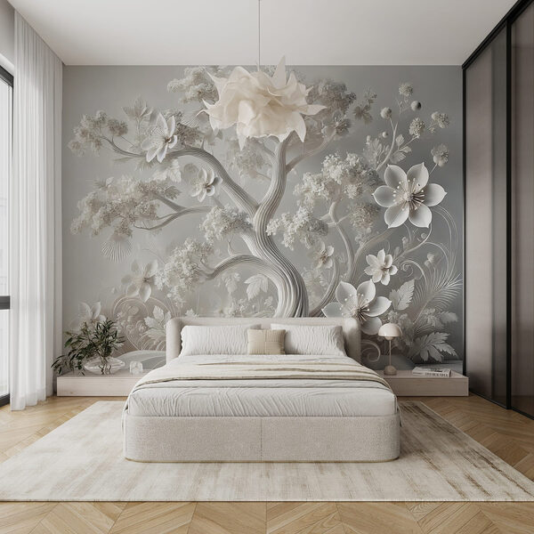 Albero bianco con fiori Carta da parati Albero bianco con fiori