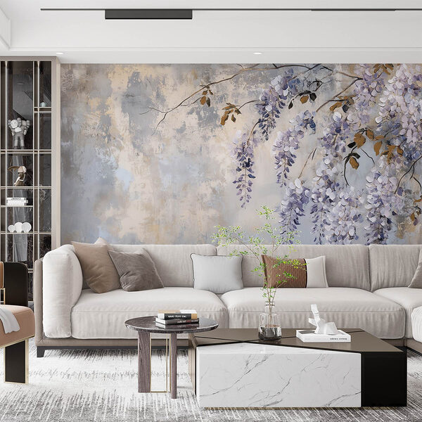 Pittura di un ramo con fiori viola Carta da parati murale Pittura di un ramo con fiori viola