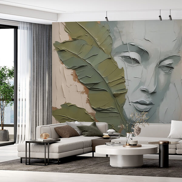 Pittura di un volto e di una foglia Carta da parati Pittura di un volto e di una foglia