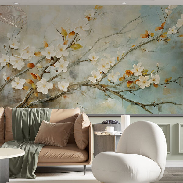 Carta da parati murale Pittura di un ramo con fiori bianchi