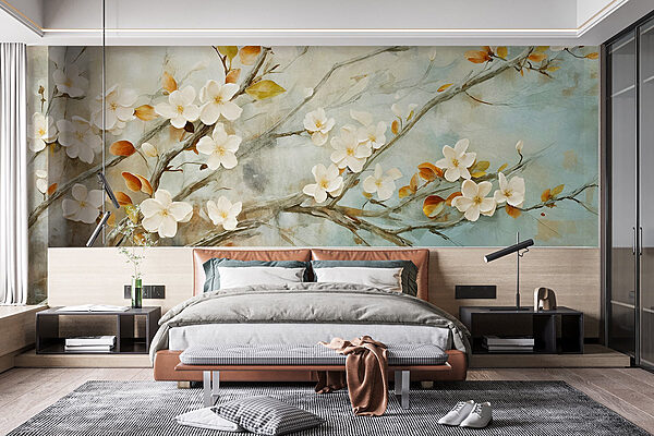 Pittura di un ramo con fiori bianchi Carta da parati Pittura di un ramo con fiori bianchi