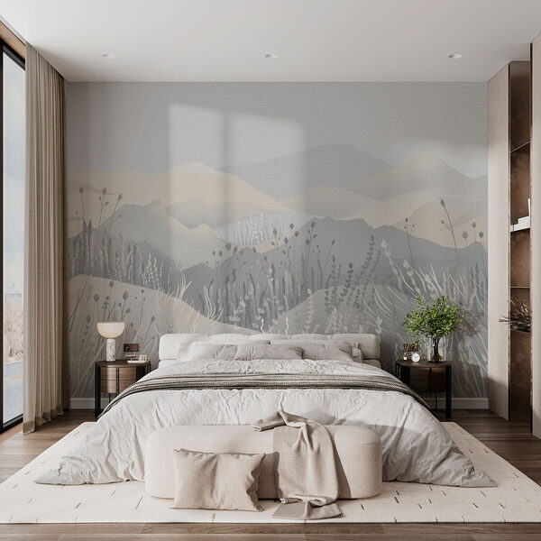 Pittura di un paesaggio con montagne ed erba Carta da parati Pittura di un paesaggio con montagne ed erba