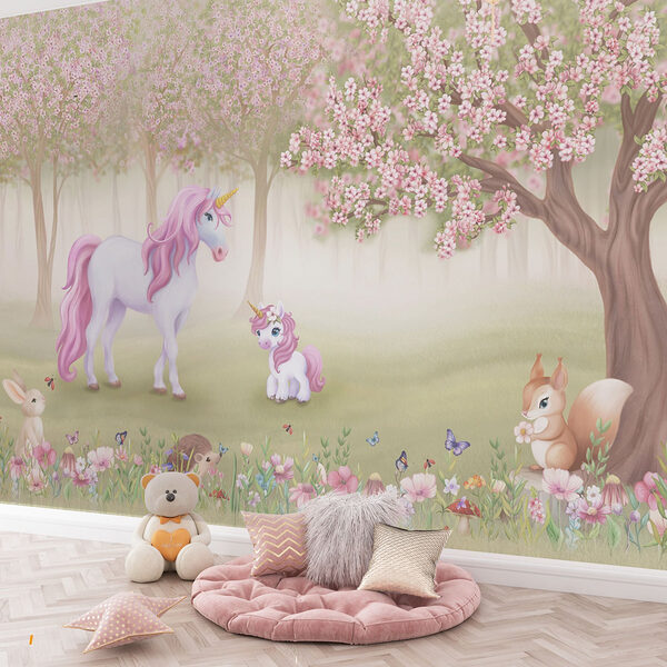 Carta da parati murale Unicorno e scoiattolo in una foresta