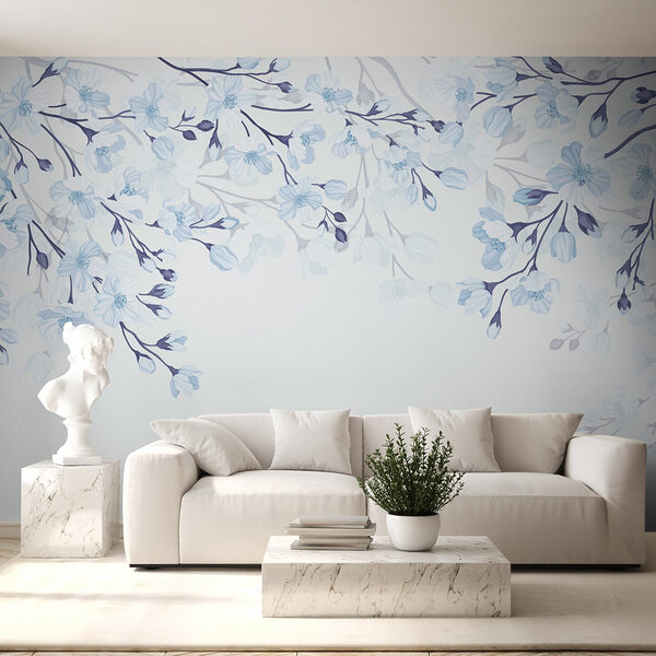 Carta da parati murale Fiori bianchi e blu su sfondo bianco