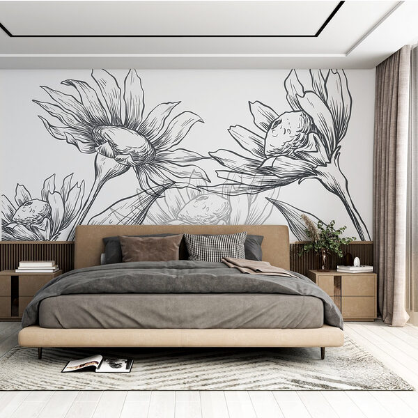 Disegno di fiori con foglie Carta da parati Disegno di fiori con foglie