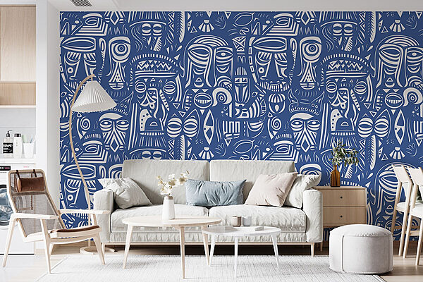 Disegno di volti in bianco e blu Carta da parati Disegno di volti in bianco e blu