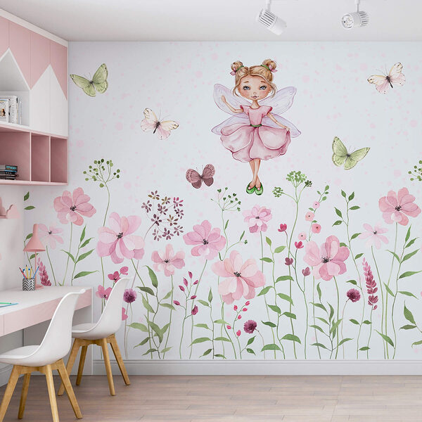 Acquerello di una fata in abito rosa circondata da fiori Carta da parati Acquerello di una fata in abito rosa circondata da fiori