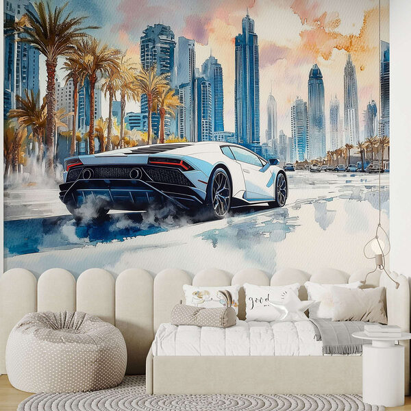 Pittura di un'auto sportiva bianca che guida su una strada con le palme Carta da parati murale Pittura di un'auto sportiva bianca che guida su una strada con le palme