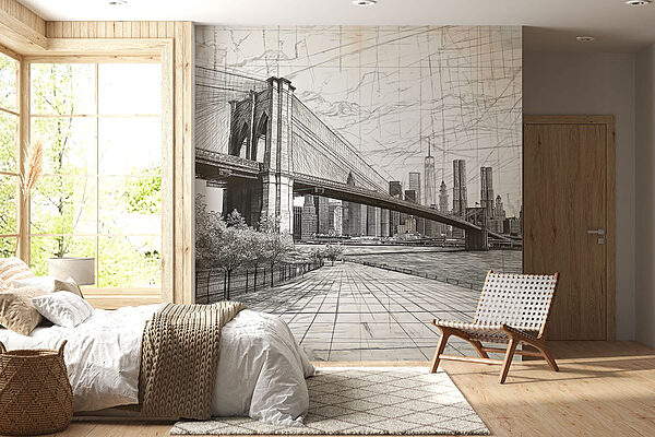 Disegno di un ponte e di una città Carta da parati Disegno di un ponte e di una città