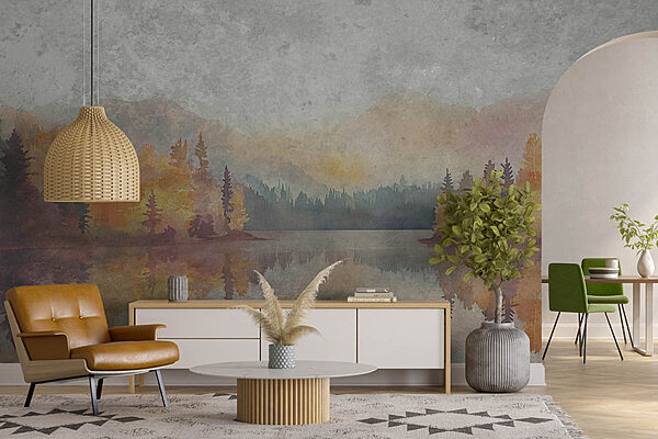 Pittura ad acquerello di un lago con alberi e montagne Carta da parati Pittura ad acquerello di un lago con alberi e montagne