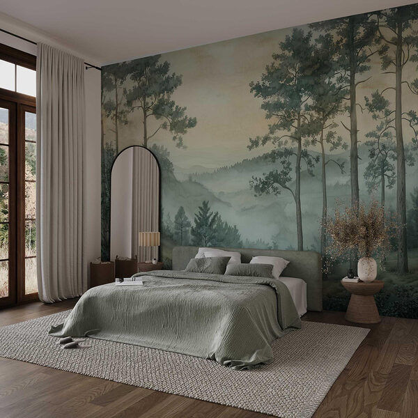 Pittura di una foresta con nebbia Carta da parati Pittura di una foresta con nebbia