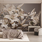 Carta da parati Fiori bianchi con volute bianche e marroni