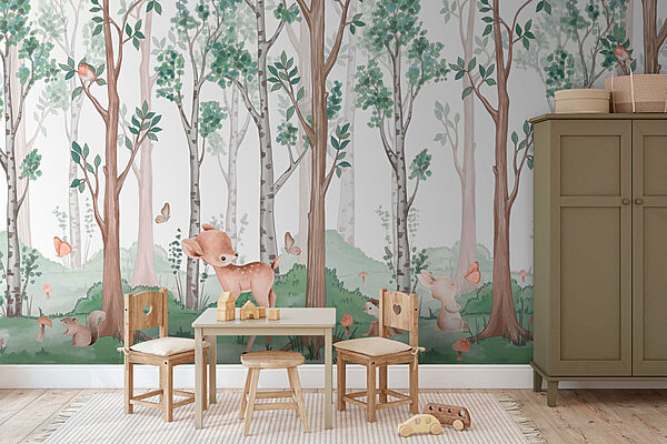 Carta da parati con una foresta di alberi e animali Carta da parati Carta da parati con una foresta di alberi e animali