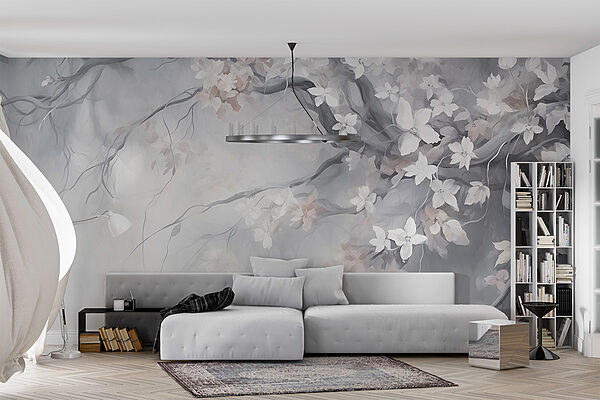 Pittura di un albero con fiori bianchi Carta da parati Pittura di un albero con fiori bianchi