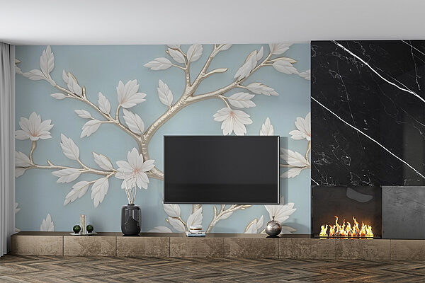 Albero con foglie e fiori bianchi Carta da parati Albero con foglie e fiori bianchi