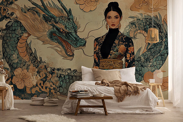 Donna con kimono e drago Carta da parati Donna con kimono e drago