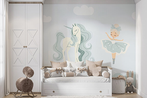 Cartone animato di una ragazza e di un unicorno Carta da parati Cartone animato di una ragazza e di un unicorno